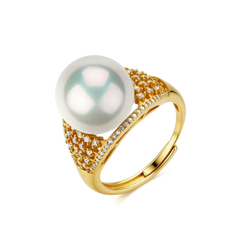 12-13mm Freshwater Pearl & Shine CZ Wide Ring, gold-tone with a large pearl and pave CZ crystals along the band.