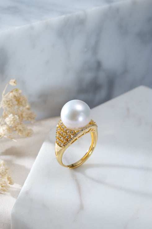 12-13mm freshwater pearl and CZ pave wide gold ring.