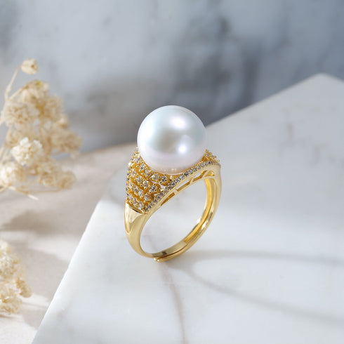 12-13mm freshwater pearl and CZ pave wide gold ring.