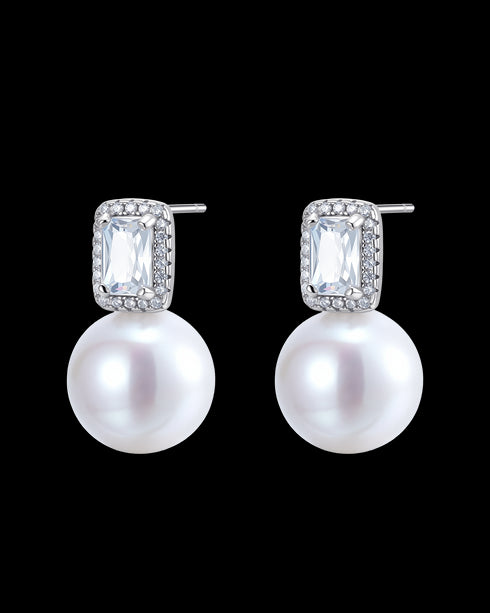 11-12mm Freshwater Pearl Rectangular Zircon Stud Earrings