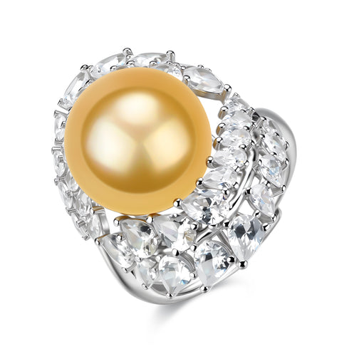 Ring: 12-13mm Golden South Sea pearl statement ring with crystal halo on silver band, House of Pearls - MZ