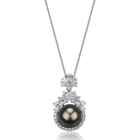 Tahitian Black Pearl necklace with a diamond cluster pendant on a silver chain