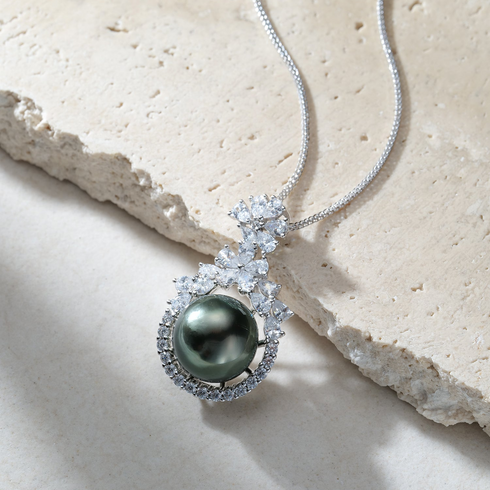 Tahitian Pearl Floral Halo Pendant Necklace with green pearl and diamond halo on silver chain