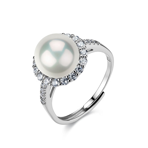 Freshwater Pearl Aurora Vine Ring in silver with a large central pearl and diamond halo, House Of Pearls - JX.