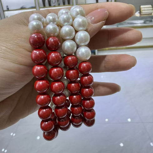 8mm Cinnabar & Freshwater Pearl Bracelet, multi-strand with white pearls and red cinnabar beads by House Of Pearls TA