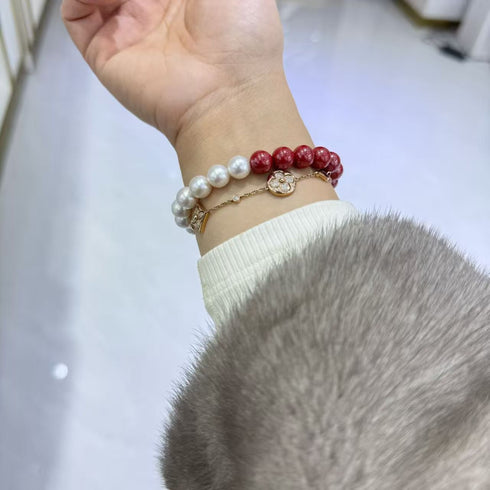 8mm cinnabar & freshwater pearl bracelet set of 3: red cinnabar beads, white pearls, gold clover chain