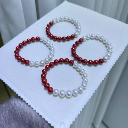8mm cinnabar and freshwater pearl bracelets, four-piece set with red and white beads