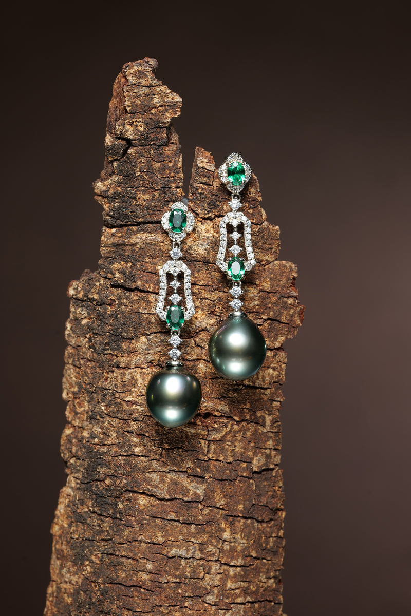 Earrings by House Of Pearls XM: 9–10mm Tahitian pearl emerald-halo drop earrings with diamond accents (pair).