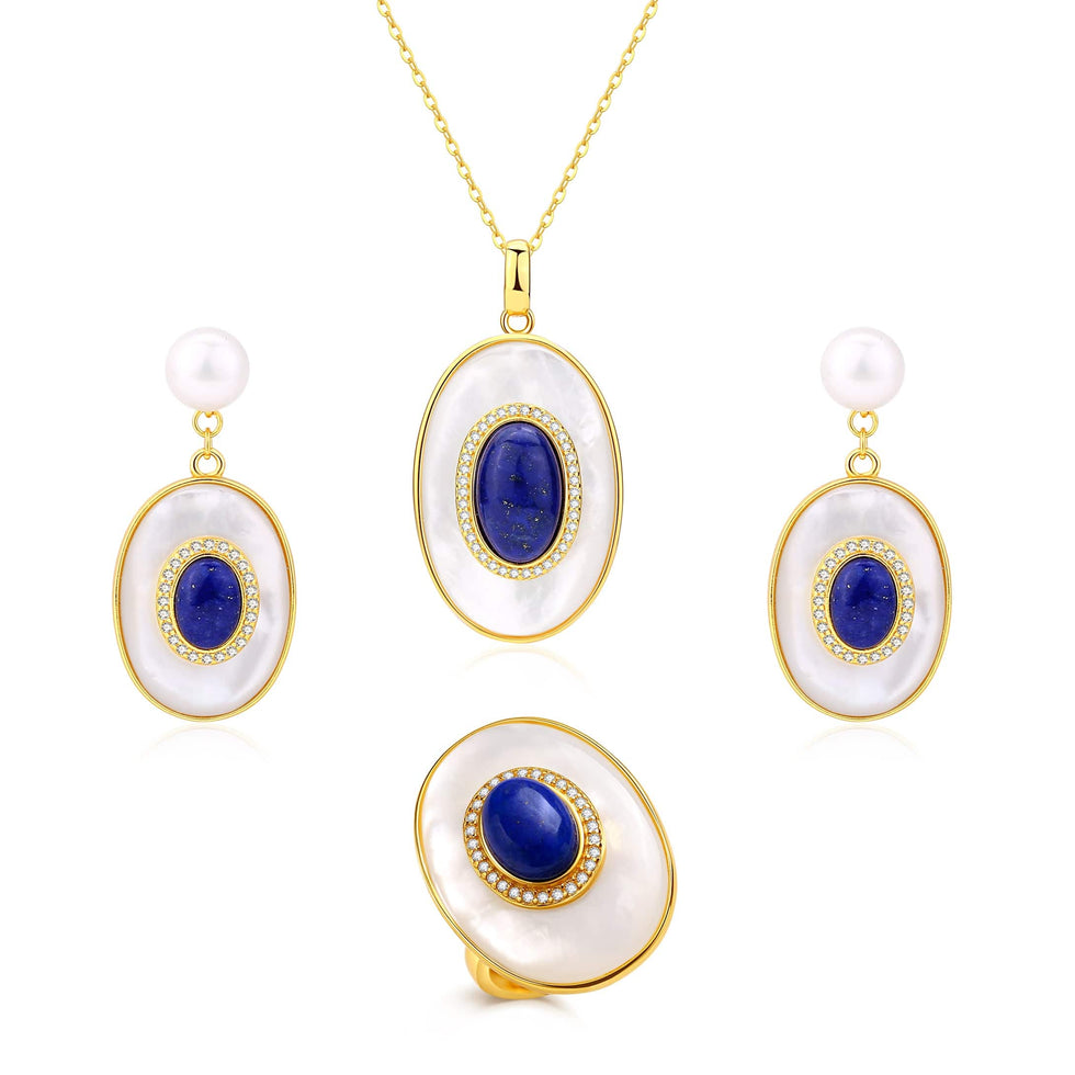 7-8mm White Cultured Pearl & 8mm Blue Lapis Lazuli Necklace And Earrings Set - Silver Plated